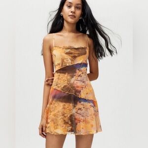 Urban Outfitters Moxie Mesh Mini Slip Dress Orange Brown Scenic Print Medium
